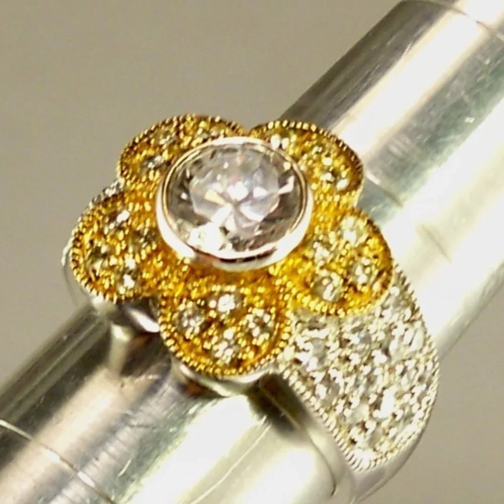 NEW Vintage Charles Winston Flower Yellow Cubic Zirconias Gold Silver Ring